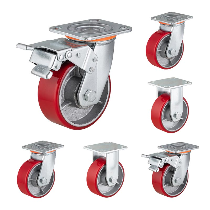 Roulettes lourdes PU sur bande de roulement plate en fonte